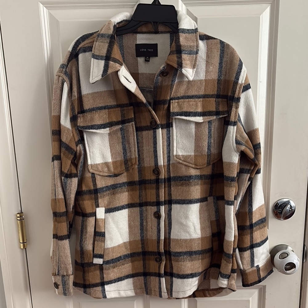 Love Tree Brown and White Utility Jacket Plaid Design size M